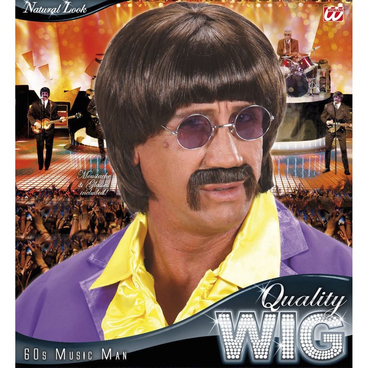 60-as évek énekese szett: barna paróka, bajusz és szemüveg