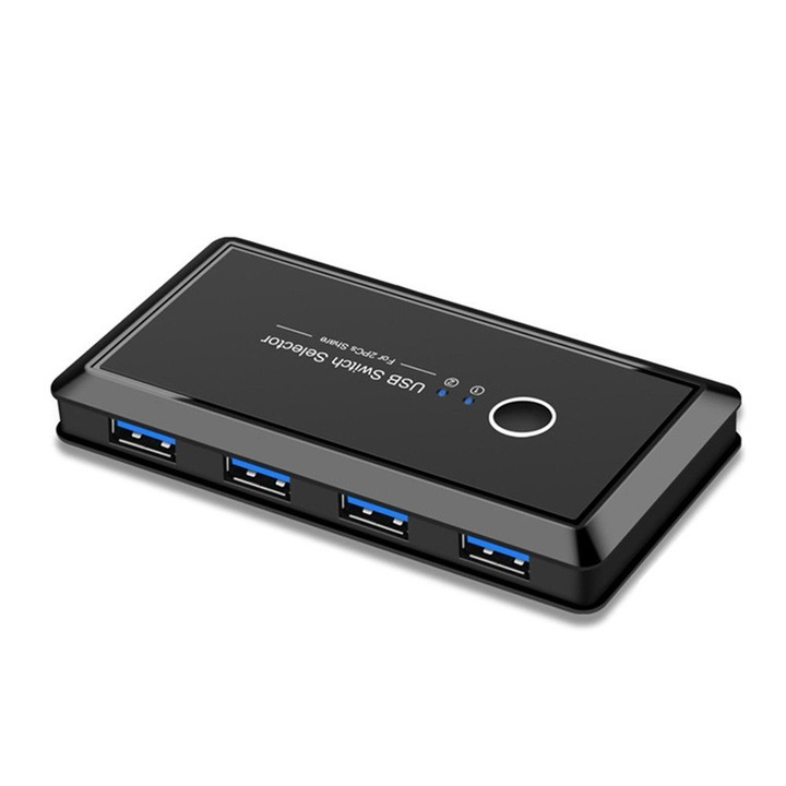 USB KVM kapcsoló, 2 portos, USB hub egérhez, billentyűzethez, nyomtatóhoz, fekete