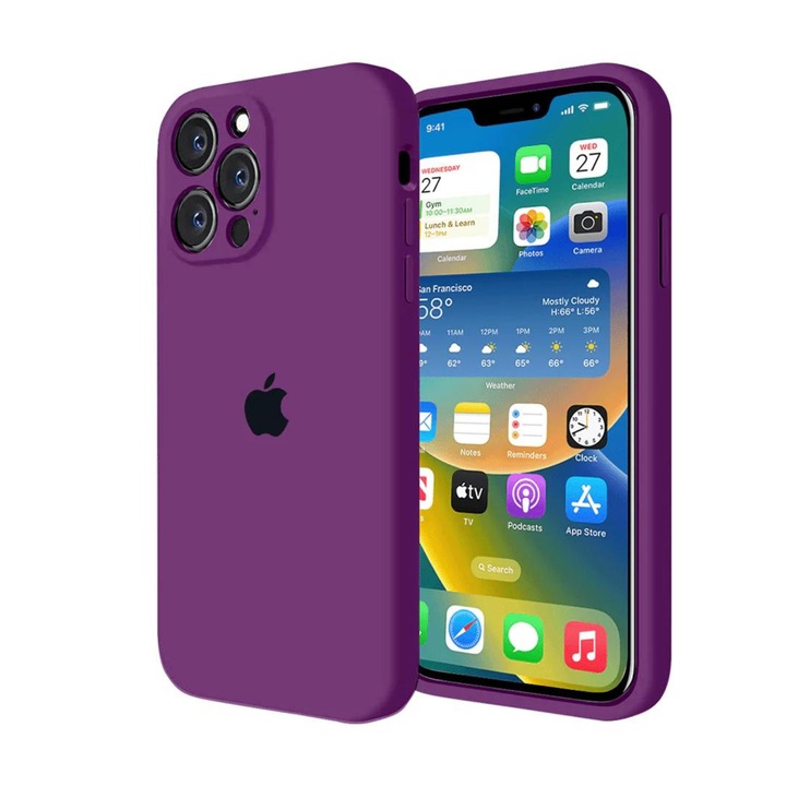 Szilikon tok kamera védelemmel iPhone 13-hoz, Sötétlila