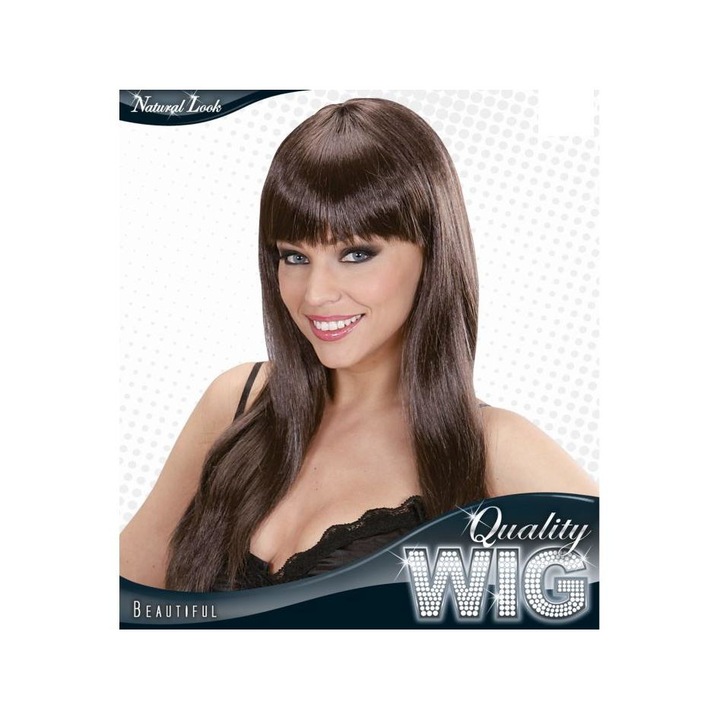 Női paróka: hosszú, gesztenyebarna, sima, fényes haj