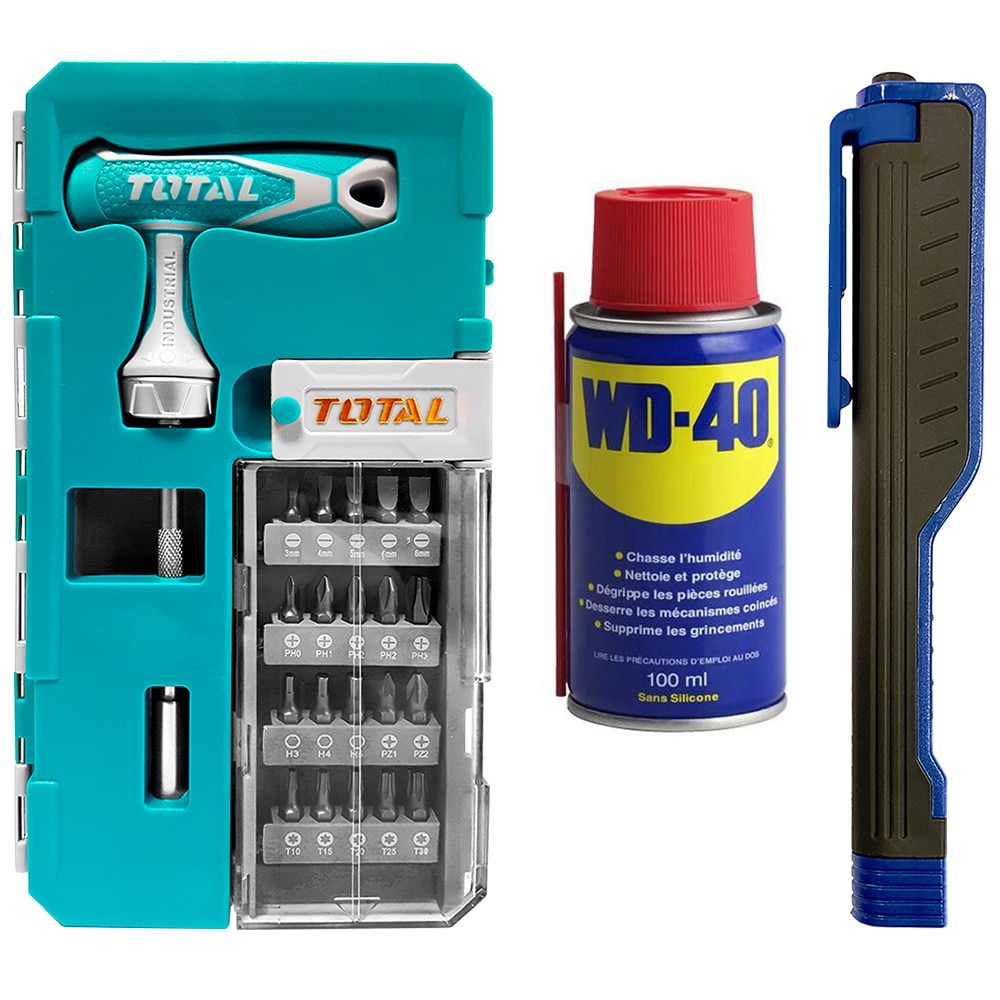 Surubelnita Total Tools 25 de piese + Cadou spray tehnic lubrifiant WD-40 + Lanterna LED Magnetica AgroPro
