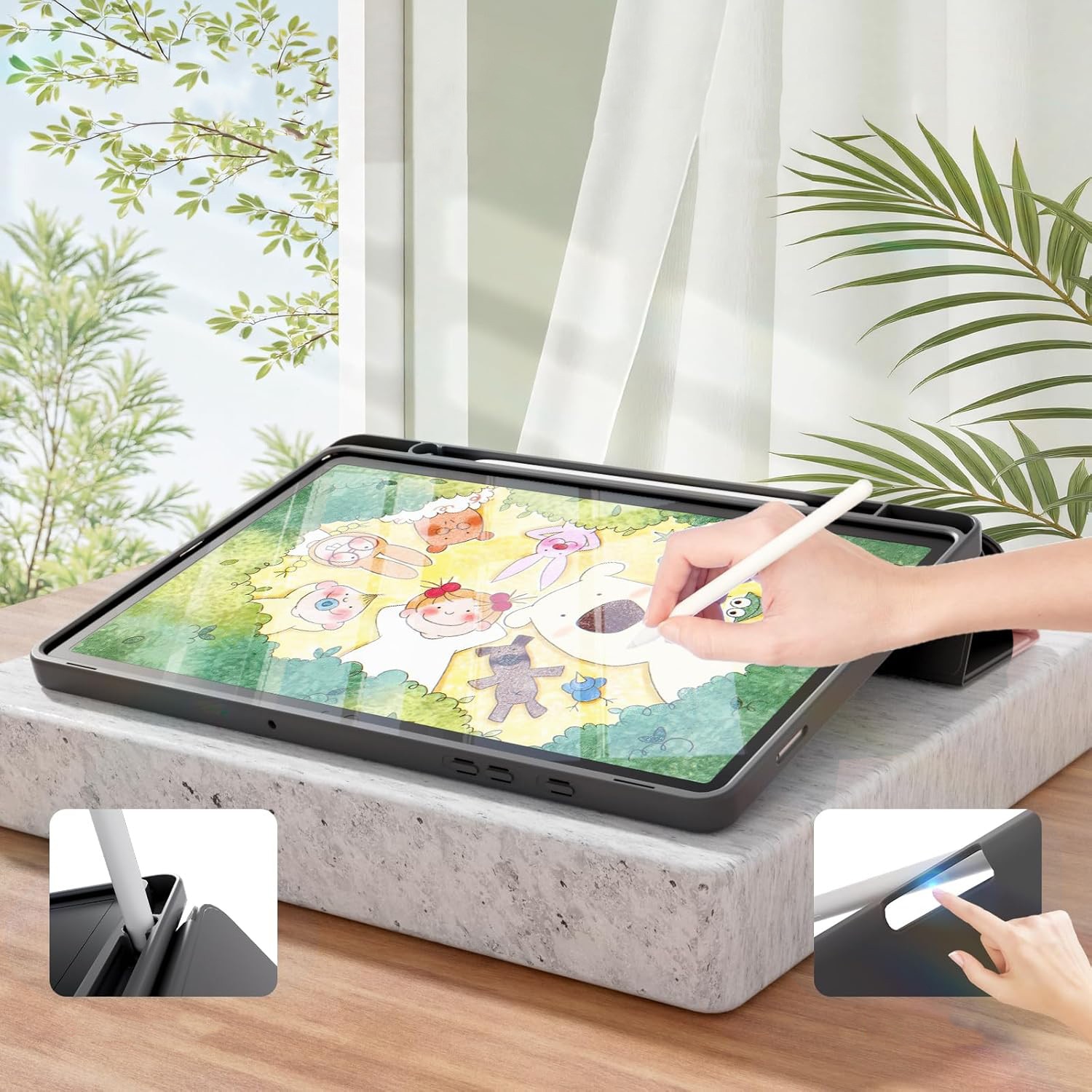Husa pentru tableta, Supero, compatibil Samsung, protectie spate transparenta rezistenta la zgarieturi, buzunar integrat pentru stylus, functie auto-wake/auto-sleep, capota rabatabila tip suport in 2 pozitii, decupaje precise pentru porturi, pentru