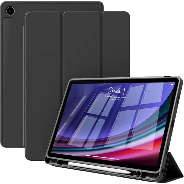 Husa pentru tableta, Supero, compatibil Samsung, protectie spate transparenta rezistenta la zgarieturi, buzunar integrat pentru stylus, functie auto-wake/auto-sleep, capota rabatabila tip suport in 2 pozitii, decupaje precise pentru porturi, pentru
