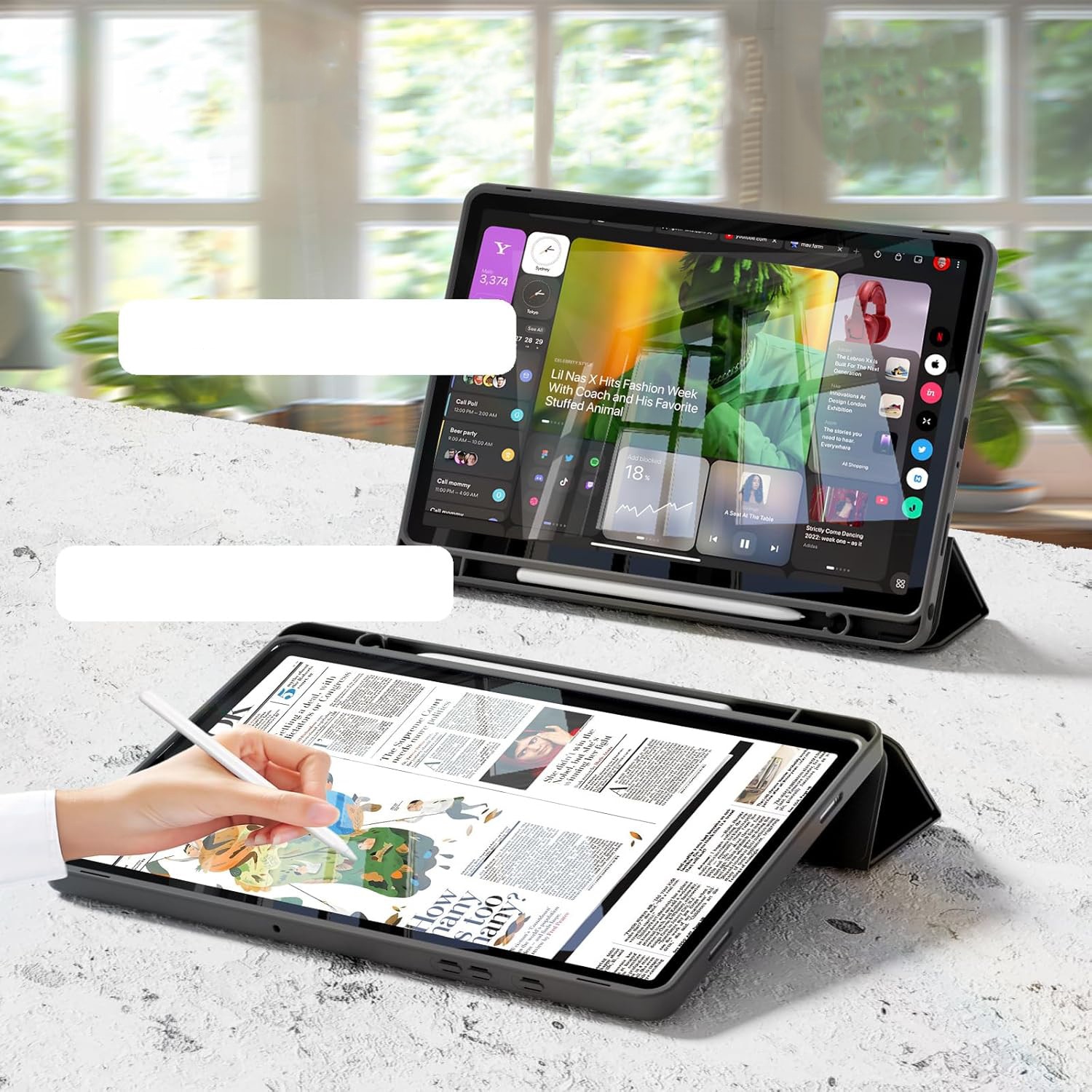 Husa pentru tableta, Supero, compatibil Samsung, protectie spate transparenta rezistenta la zgarieturi, buzunar integrat pentru stylus, functie auto-wake/auto-sleep, capota rabatabila tip suport in 2 pozitii, decupaje precise pentru porturi, pentru