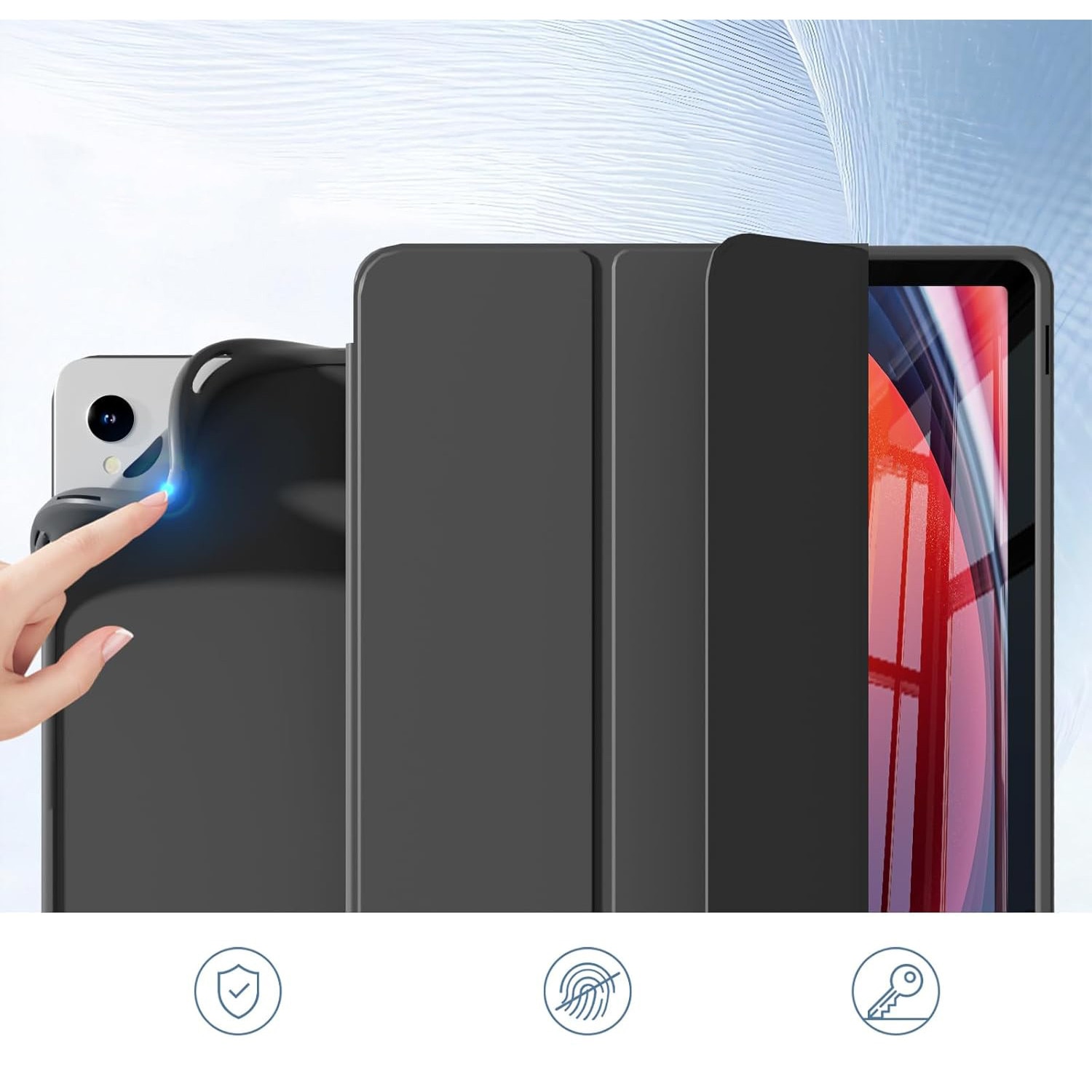 Husa pentru tableta, Supero, compatibil Samsung, protectie spate transparenta rezistenta la zgarieturi, buzunar integrat pentru stylus, functie auto-wake/auto-sleep, capota rabatabila tip suport in 2 pozitii, decupaje precise pentru porturi, pentru