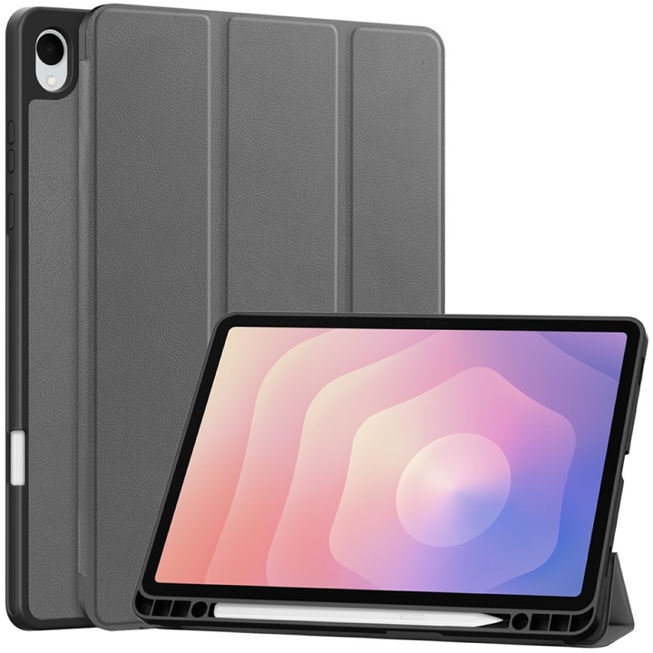 Husa cu clapeta pentru tableta, Supero, compatibil Samsung Galaxy Tab S11 11" SM-X730/SM-X736/SM-X736B, cu suport pentru stylus, auto-wake/auto-sleep, clapeta rabatabila tip stand in 2 pozitii, spate rigid rezistent la zgarieturi, decupaje precise