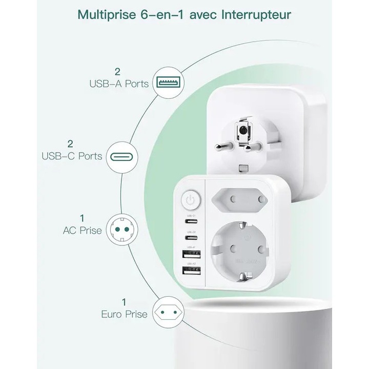 Prelungitor 6 in 1, 2 USB A si USB C, intrerupator, alb, 6.9x4x7.4cm