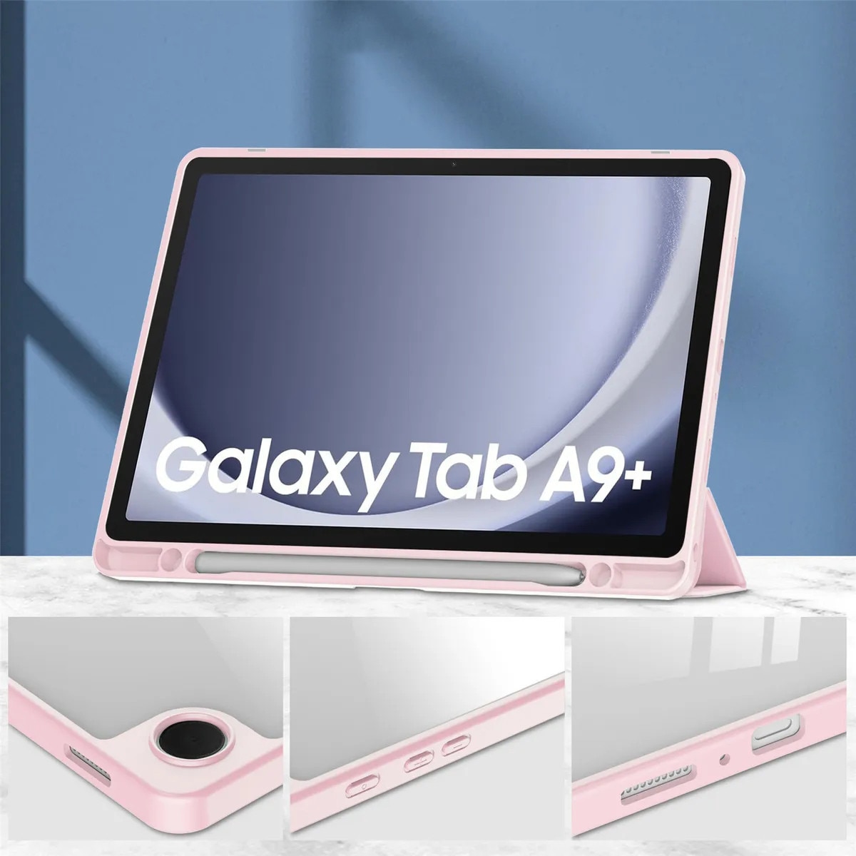 Husa pentru tableta, Supero, compatibil Samsung Galaxy Tab A11+ 11.0 / A9+ 11.0, protectie spate transparenta tare, suport integrat pentru stylus, functie auto-wake/auto-sleep, husa tip stand reglabila, decupaje precise pentru porturi, transparent