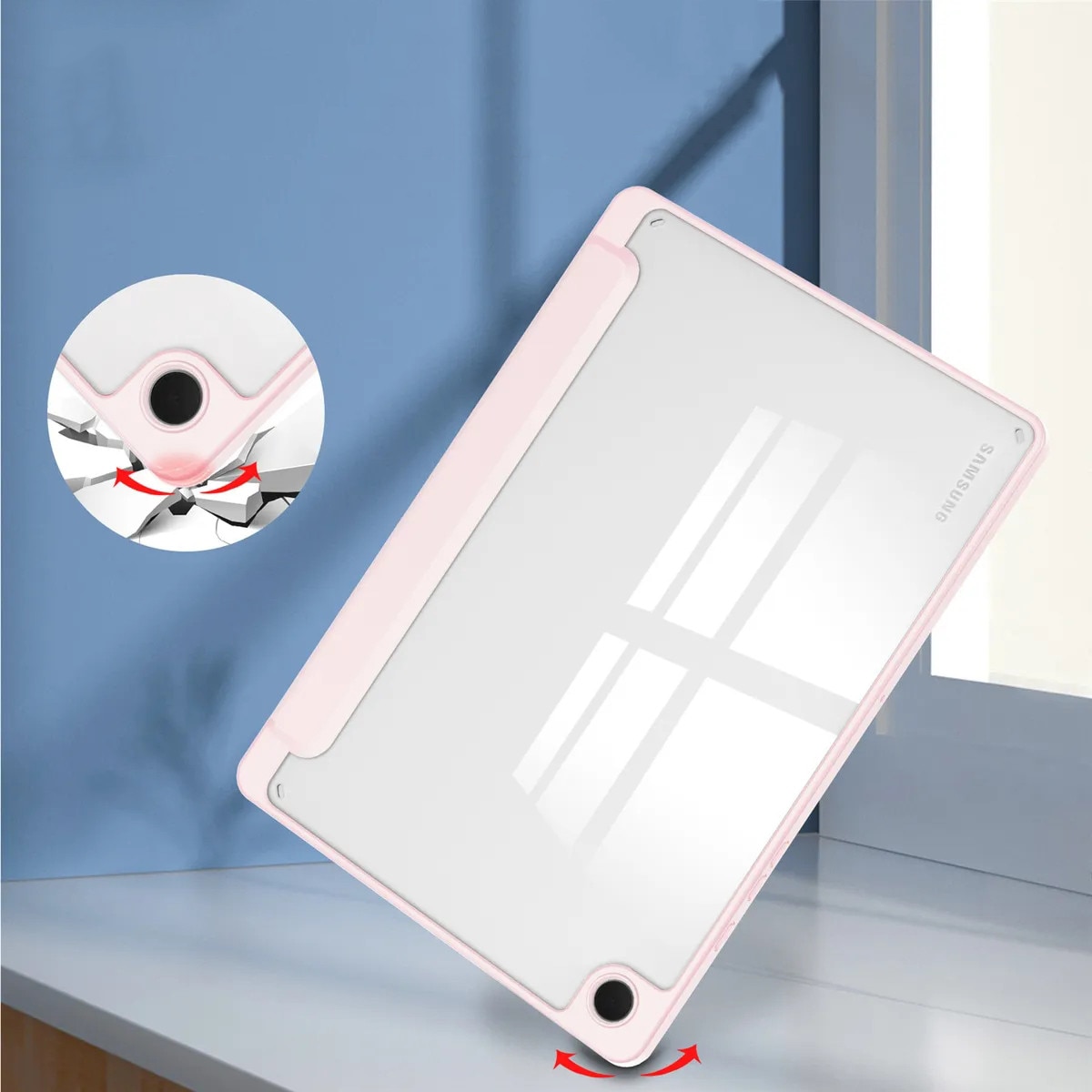 Husa pentru tableta, Supero, compatibil Samsung Galaxy Tab A11+ 11.0 / A9+ 11.0, protectie spate transparenta tare, suport integrat pentru stylus, functie auto-wake/auto-sleep, husa tip stand reglabila, decupaje precise pentru porturi, transparent