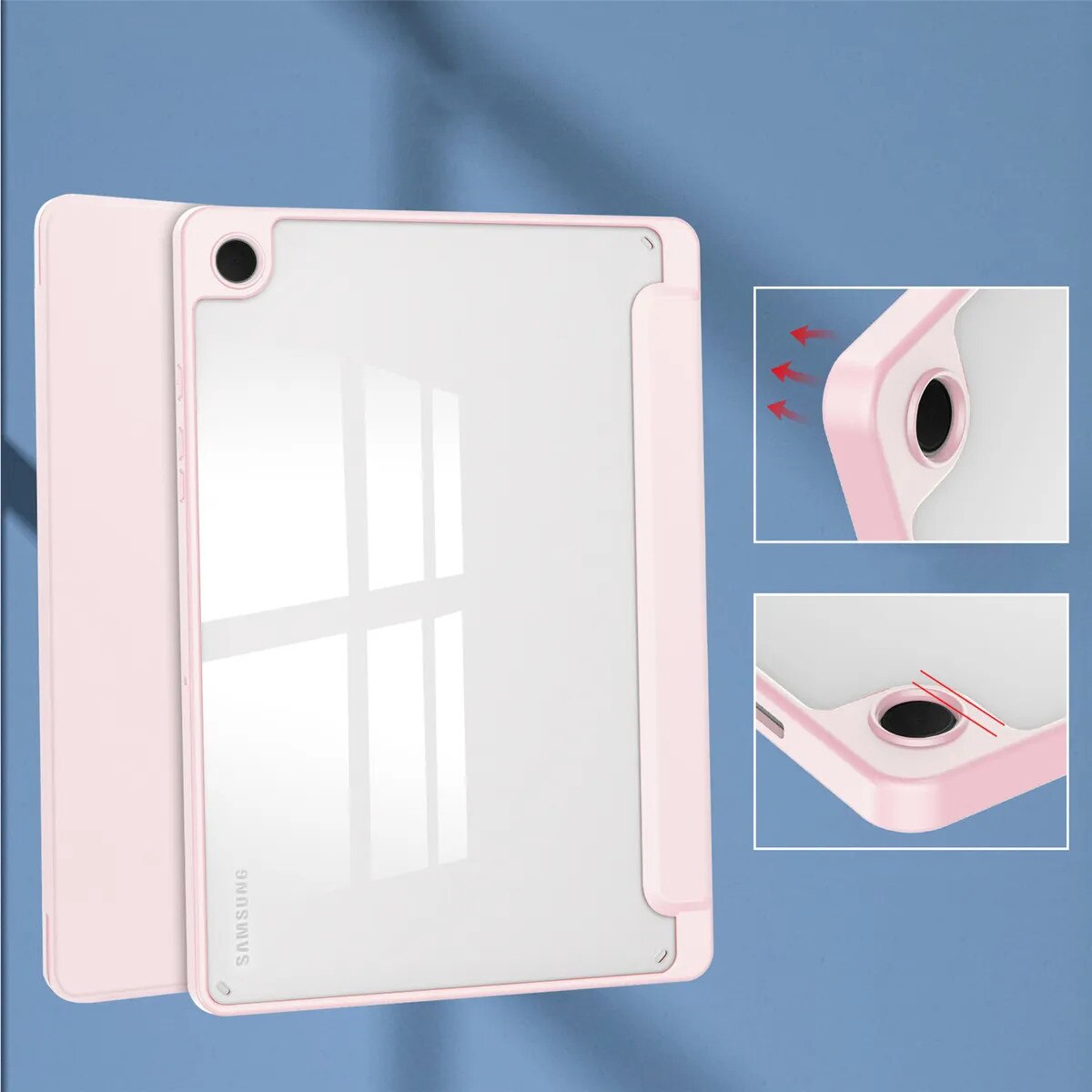 Husa pentru tableta, Supero, compatibil Samsung Galaxy Tab A11+ 11.0 / A9+ 11.0, protectie spate transparenta tare, suport integrat pentru stylus, functie auto-wake/auto-sleep, husa tip stand reglabila, decupaje precise pentru porturi, transparent