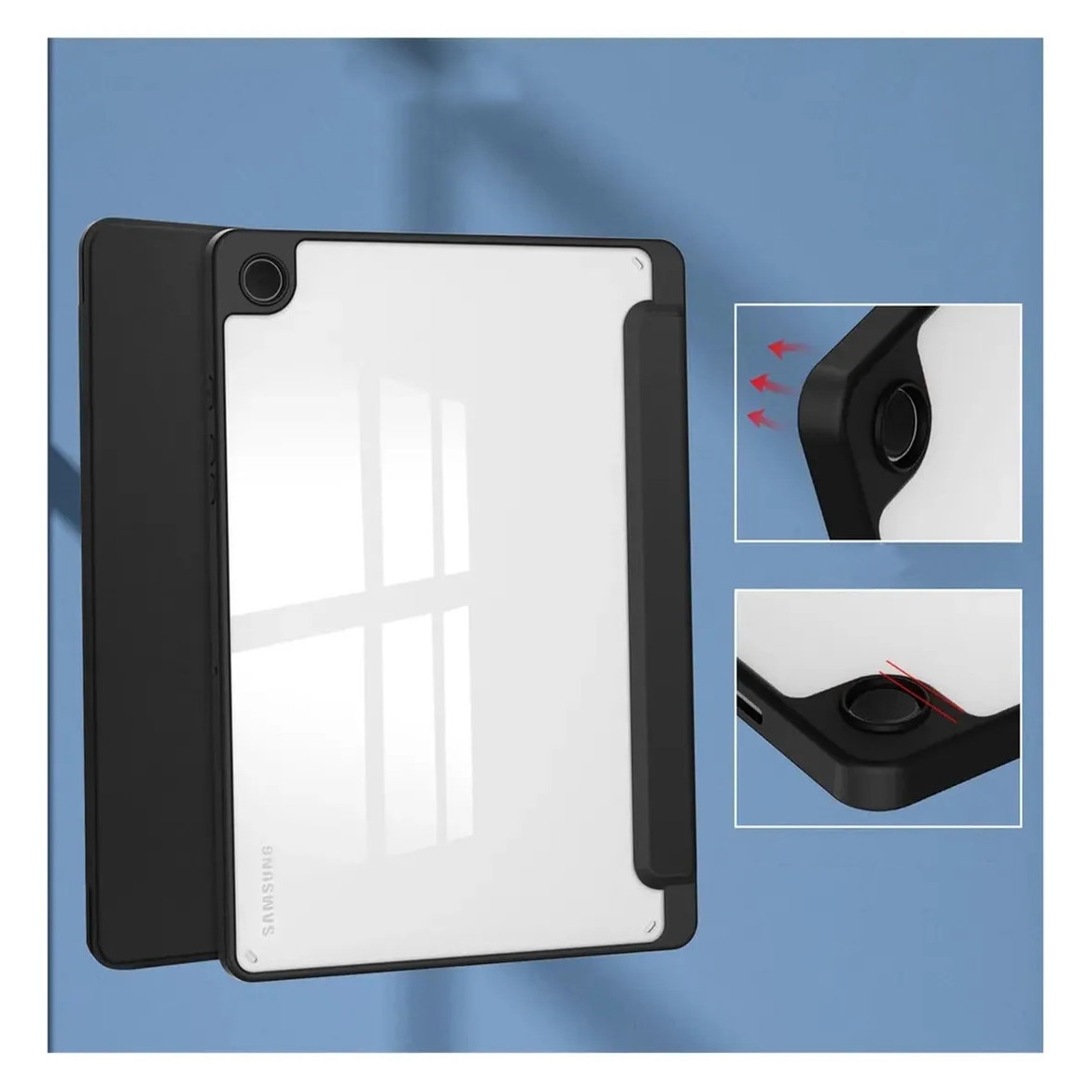 Husa pentru tableta, Supero, compatibil Samsung, pentru Galaxy Tab A11 8, 7 / A9 8, 7, spate transparent rezistent la zgarieturi, suport incorporat pentru stylus, functie auto-wake/auto-sleep, coperta pliabila tip stand, decupaje precise, negru