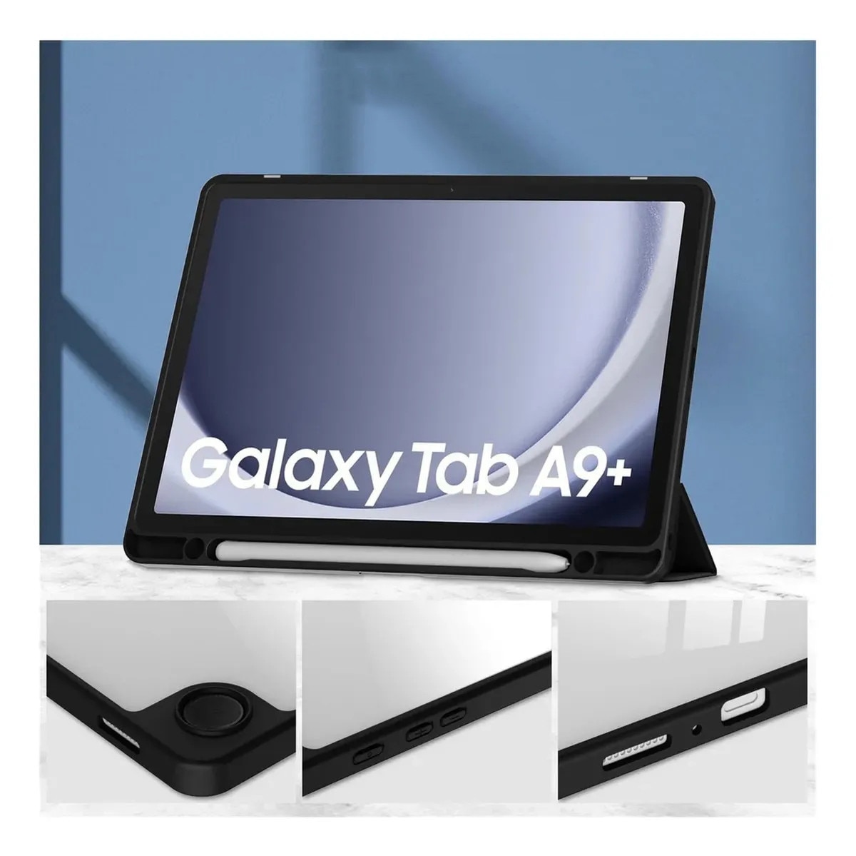 Husa pentru tableta, Supero, compatibil Samsung, pentru Galaxy Tab A11 8, 7 / A9 8, 7, spate transparent rezistent la zgarieturi, suport incorporat pentru stylus, functie auto-wake/auto-sleep, coperta pliabila tip stand, decupaje precise, negru