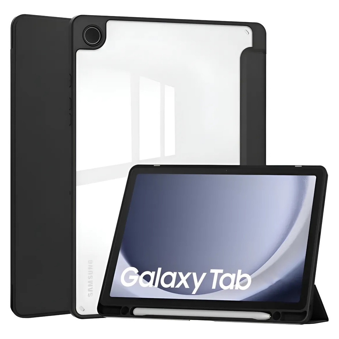 Husa pentru tableta, Supero, compatibil Samsung, pentru Galaxy Tab A11 8, 7 / A9 8, 7, spate transparent rezistent la zgarieturi, suport incorporat pentru stylus, functie auto-wake/auto-sleep, coperta pliabila tip stand, decupaje precise, negru