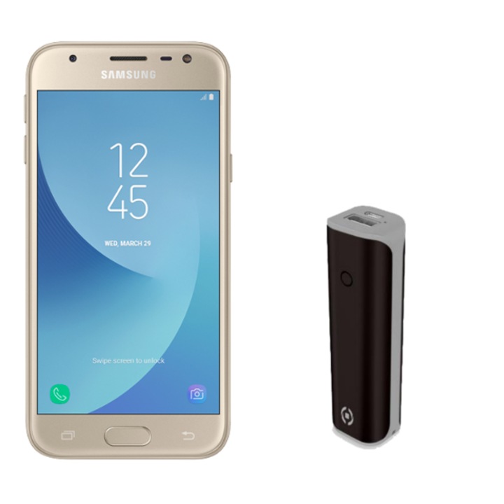 Pachet Promo telefon mobil Samsung Galaxy J3 (2017), Single SIM, 16GB, 4G, Gold + baterie externa Celly 2200 mAh
