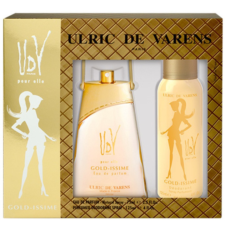 Ulric de Varens Parfüm szett, Pour Elle Gold-Issime, női, Parfüm 75 ml + Izzadásgátló dezodor 125 ml