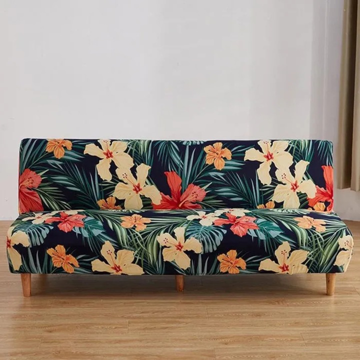 Husa universala pentru canapea fara brate din jacquard elastic k0367-0725-HS7899, imprimeu floral, bleumarin multicolor, pentru canapele 190–230 cm