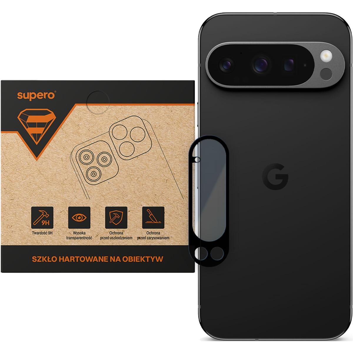 Folie de protectie pentru camera, Supero, compatibila Google Pixel 10 Pro XL, sticla securizata 9H, grosime 0, 30 mm, include set aplicare (laveta umeda + uscata), cadru negru transparent
