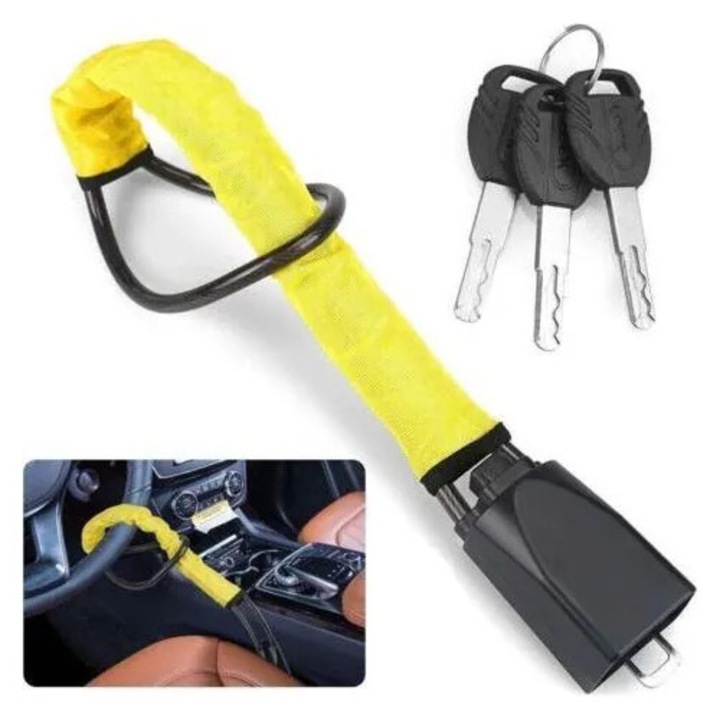 Lacat volan auto universal, otel inoxidabil, cablu 43cm, negru