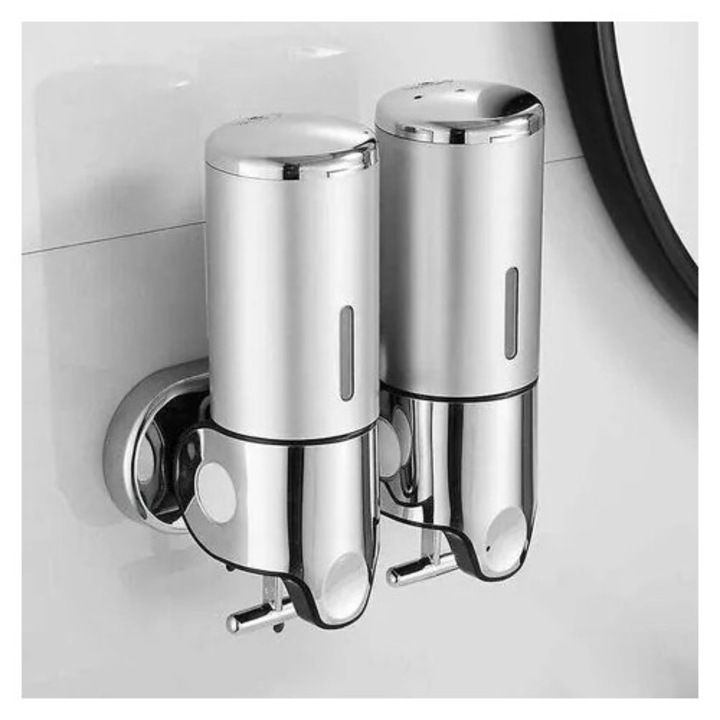 Dispenser sapun dublu, 2x500ml, argintiu, montare pe perete