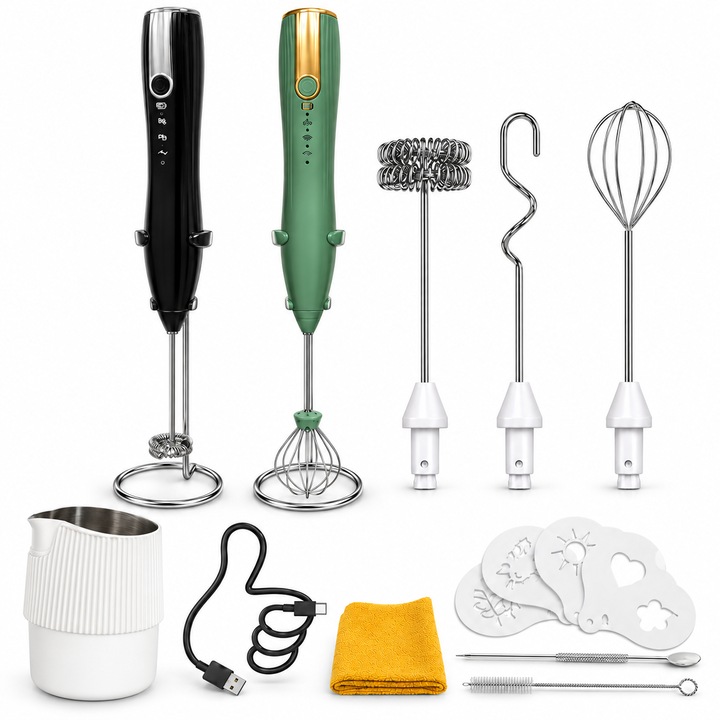 Mixer spuma lapte electric EYUSALL, cu holder, 2 capete, 3 trepte viteza, pentru spumare lapte, cafea, pudra proteica, ciocolata calda, negru
