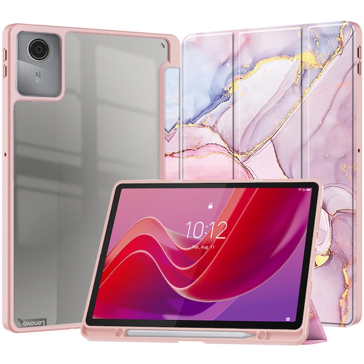 Husa cu clapeta, Supero, Lenovo, compatibila cu Tab M11 10.95" / K11E 11", spate transparent dur rezistent la zgarieturi, suport integrat pentru stylus, functie auto-wake/auto-sleep, husa tip stand cu 2 pozitii, decupaje precise, magnetica, transparenta