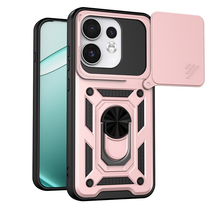 Калъф за Oppo Reno 16 / Reno 16 Pro с въртящ се на 360 пръстен Daden, серия Camshield, хибриден противоударен, плъзгач за защита на камерата, розово злато