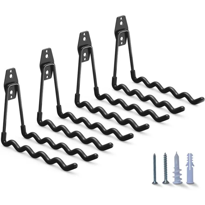 Set 4 carlige garaj, lungi ondulate, negru, pentru scari si biciclete