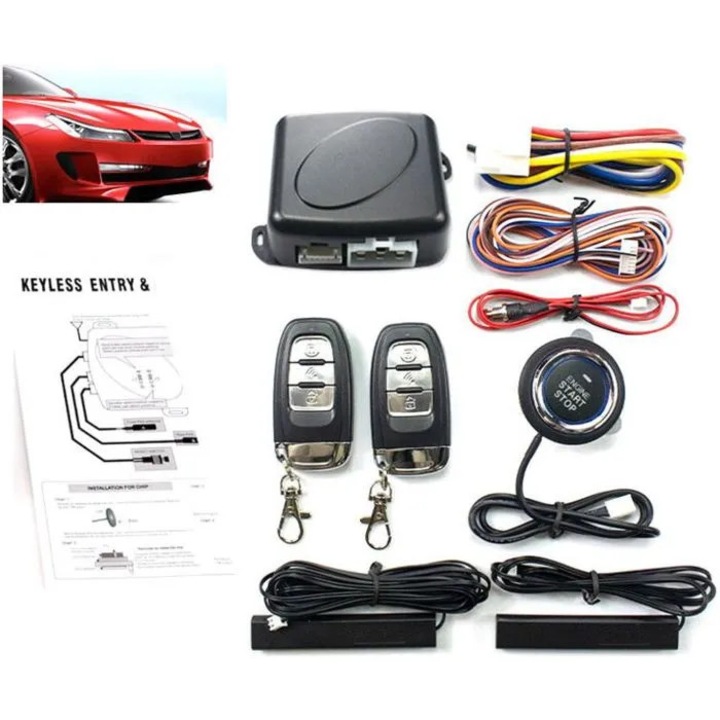 Sistem alarma auto universal pornire motor telecomanda fara cheie buton push