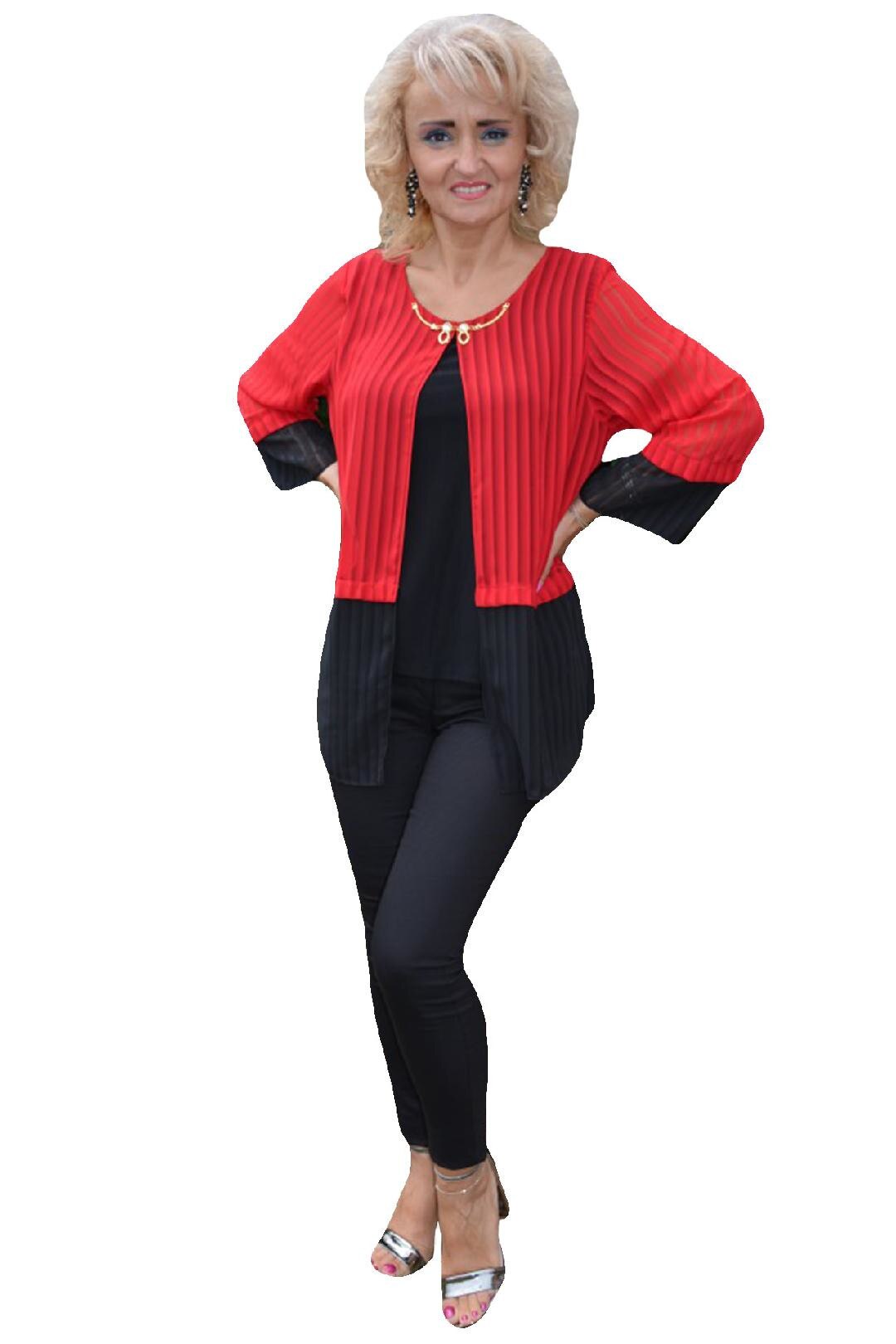 Vesta dama Sonia din piele intoarsa cu insertii de blanita ,D&J Exclusive, Negru/Rosu