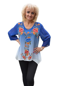 Bluza chic cu imprimeu floral aplicat, D&J Exclusive, Albastru inchis