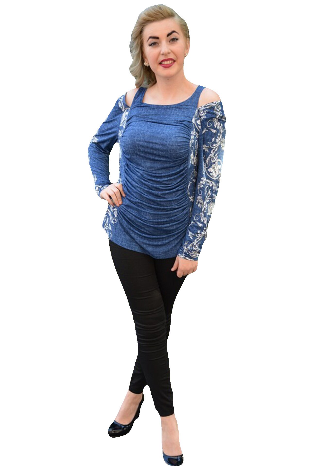 Bluza de zi sofisticata, cu fronseuri mari in fata, D&J Exclusive, Albastru marin