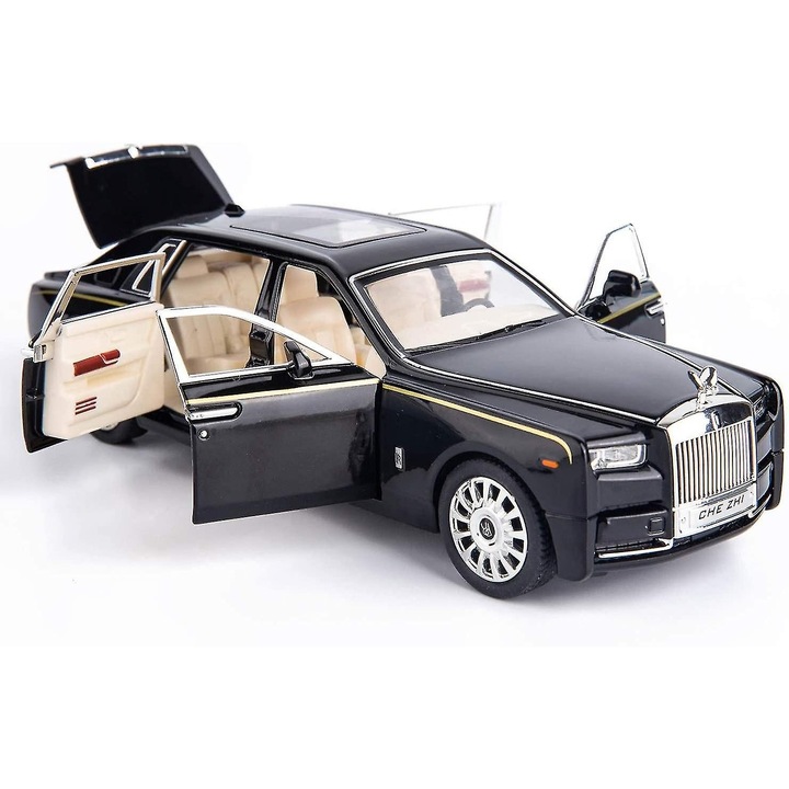 Модел кола 1/24 Phantom, цинкова сплав, черна, 21x7x6см, със звук и светлина, функция pull-back