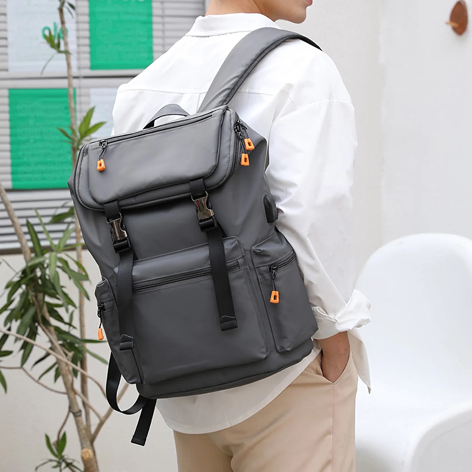 Rucsac laptop, ZYBLSSBB, rezistent, cu incarcare USB, negru-gri, 30x44x15cm