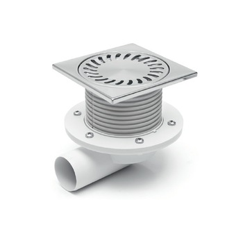 Sifon de pardoseala iesire orizontala D50/H reglabil cu gratar de inox 150x150 si flansa Sifon de pardoseala iesire orizontala D50/H reglabil cu gratar de inox 150x150 si flansa