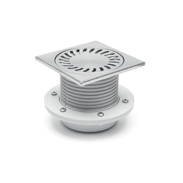 Sifon de pardoseala iesire verticala D50/H reglabil cu gratar de inox 150x150 si flansa