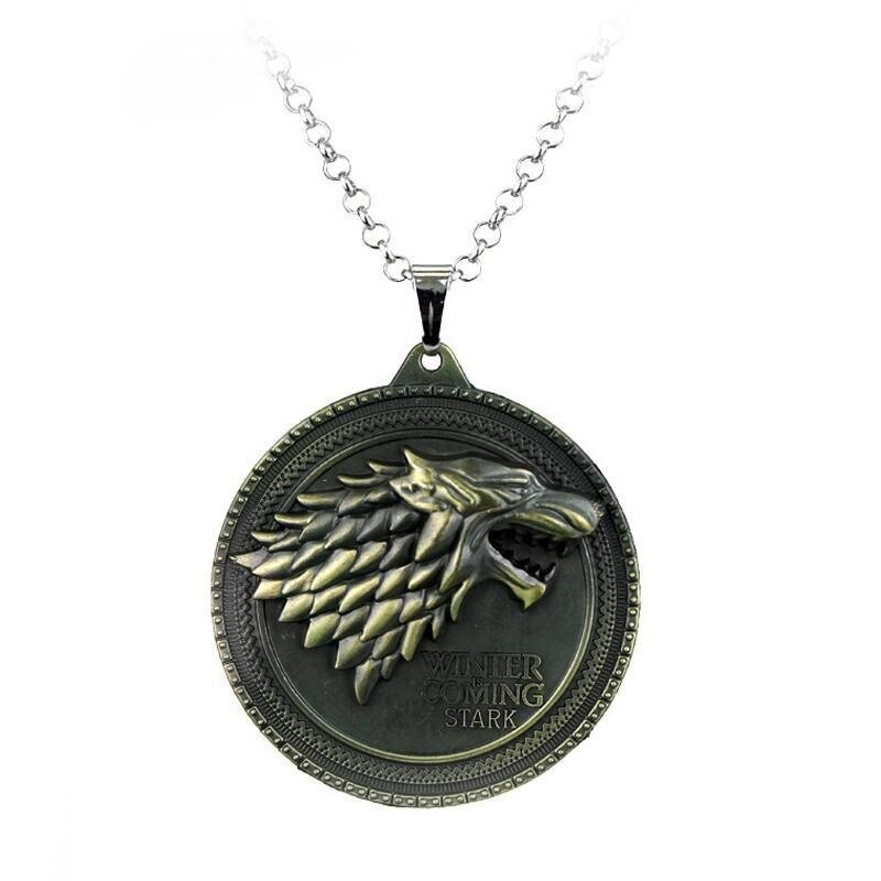 Lantisor Cu Pandantiv Game of Thrones Winter is Coming House Stark Wolf Lup Bronze, Maro