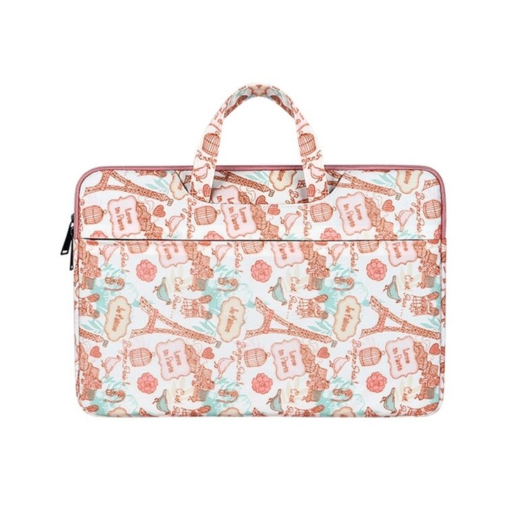 Geanta laptop canvas, floral roz, 38x27x3cm, 14.1-15.4 inch