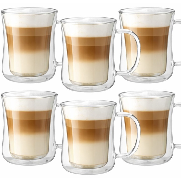 Set 6 pahare sticla termorezistenta cu perete dublu si maner, capacitate 400 ml, ideale pentru cafea, cappuccino, frappe, cafe latte, ice-coffee, ceai, pentru bauturi calde si reci, material sticla borosilicata, Transparent