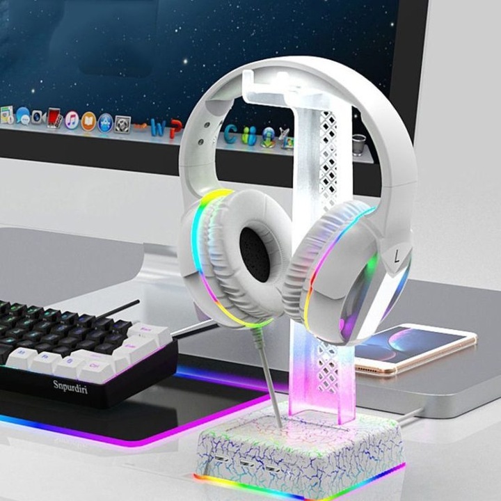 RGB világítású fejhallgató tartó, 3 USB port, fekete, 28.2x12x10.5cm