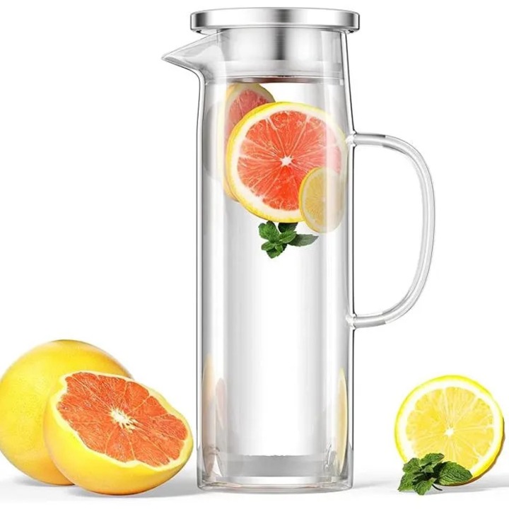 Carafa sticla borosilicata 1L, capac inox, transparenta, rezistenta la temperaturi