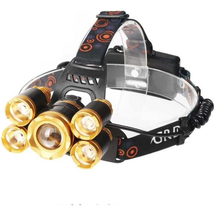 Lanterna frontala LED ZYBLSSBB, 12000 lumeni, 5 LED, multicolor, 2x18650 5000mAh, incarcator auto si de perete