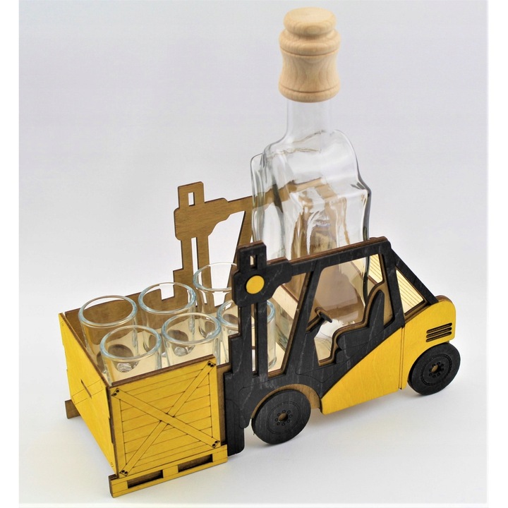 Set carafa si pahare, suport lemn, 0.5L, 6 pahare, transparent, 25x30cm
