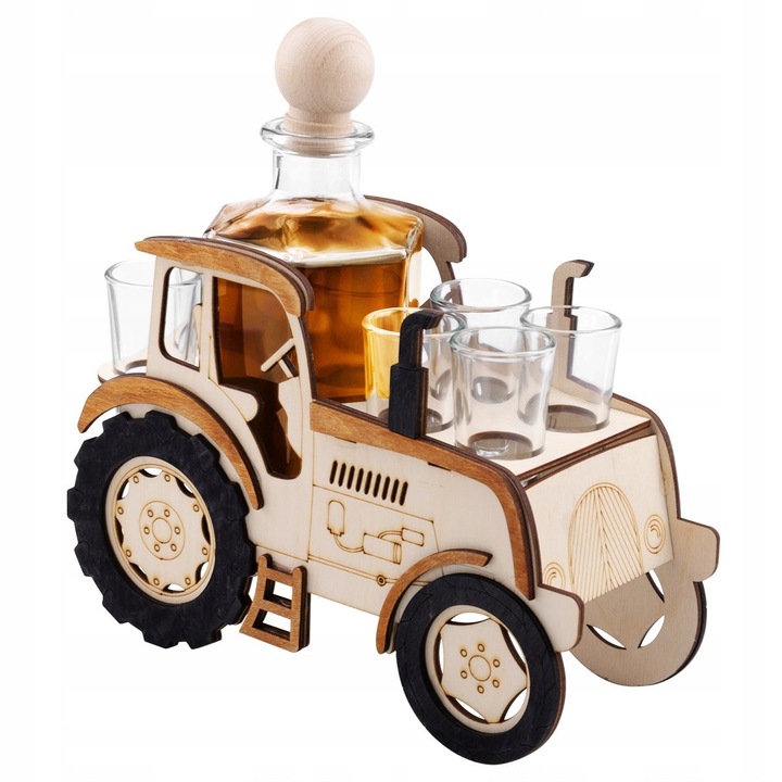 Set carafa si pahare tractor, sticla si lemn, 50 ml, 7 piese
