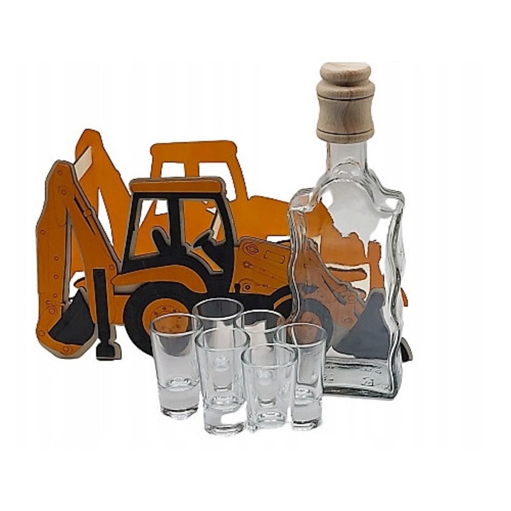 Set carafa si pahare sticla pe suport lemn, 0.5l, 6 pahare, transparent, 29x10x16.5cm
