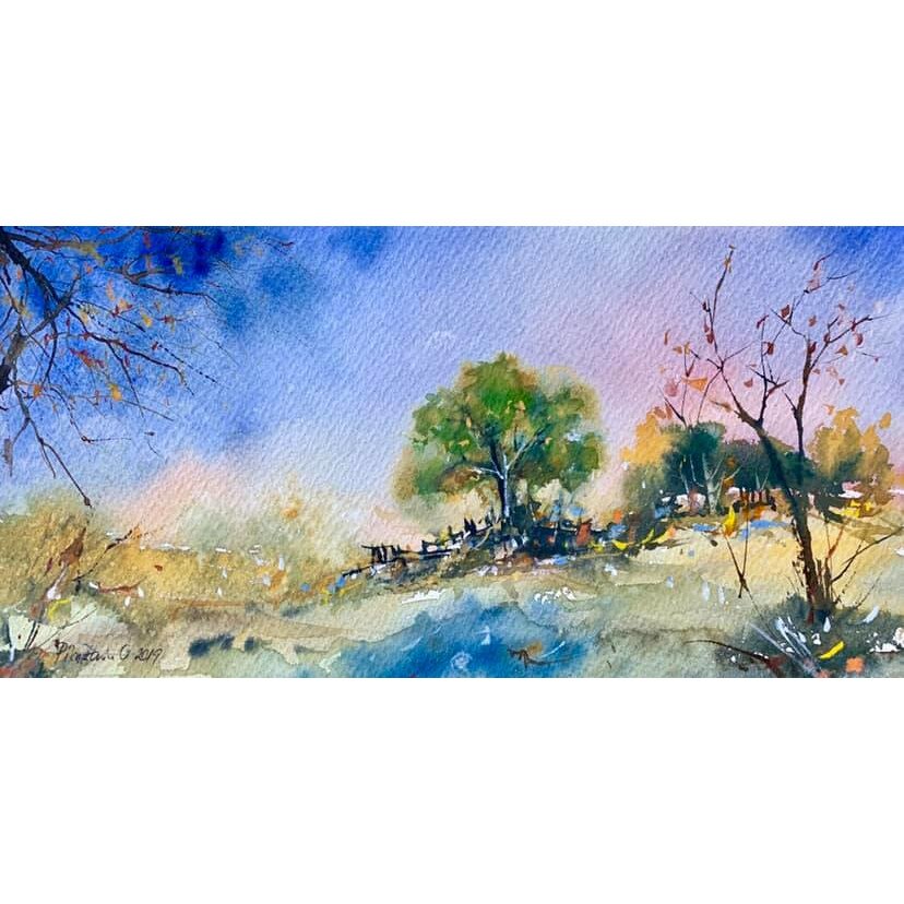 Tablou Blue sky- tablou pictat manual Oana Pinzariu, dimensiune 19 * 24 cm
