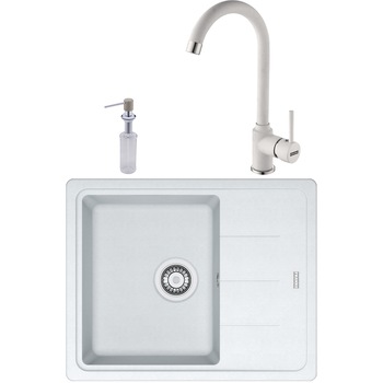 Pachet chiuveta fragranite Franke BFG 611-62 + Baterie Pola, cartus ceramic + Dozator Sapun, Alb Pachet chiuveta fragranite Franke BFG 611-62 + Baterie Pola, cartus ceramic + Dozator Sapun, Alb