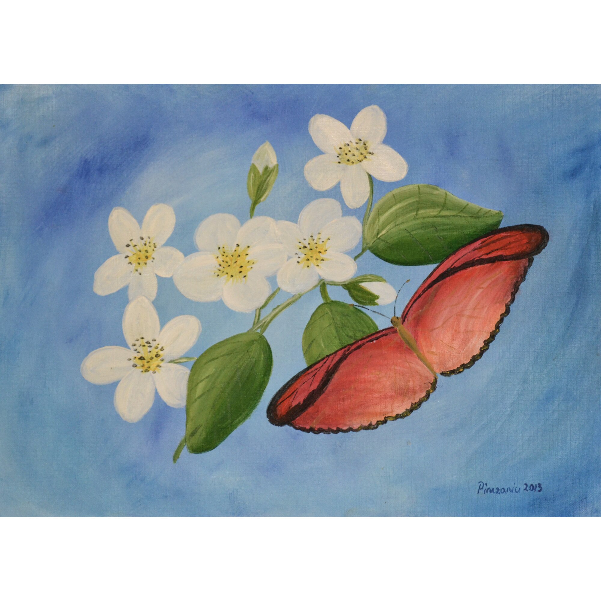 Tablou ulei pe hartie Fluture si flori - tablou pictat manual Oana Pinzariu, dimensiune 24 * 33 cm