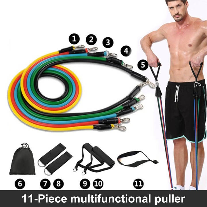 Set benzi elastice fitness multicolor 120cm cu manere si accesorii