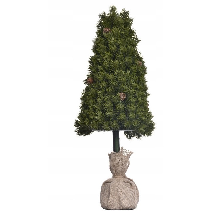 Brad artificial pe trunchi in sac, 44 cm, verde si maro, conuri naturale, baza 8x9 cm