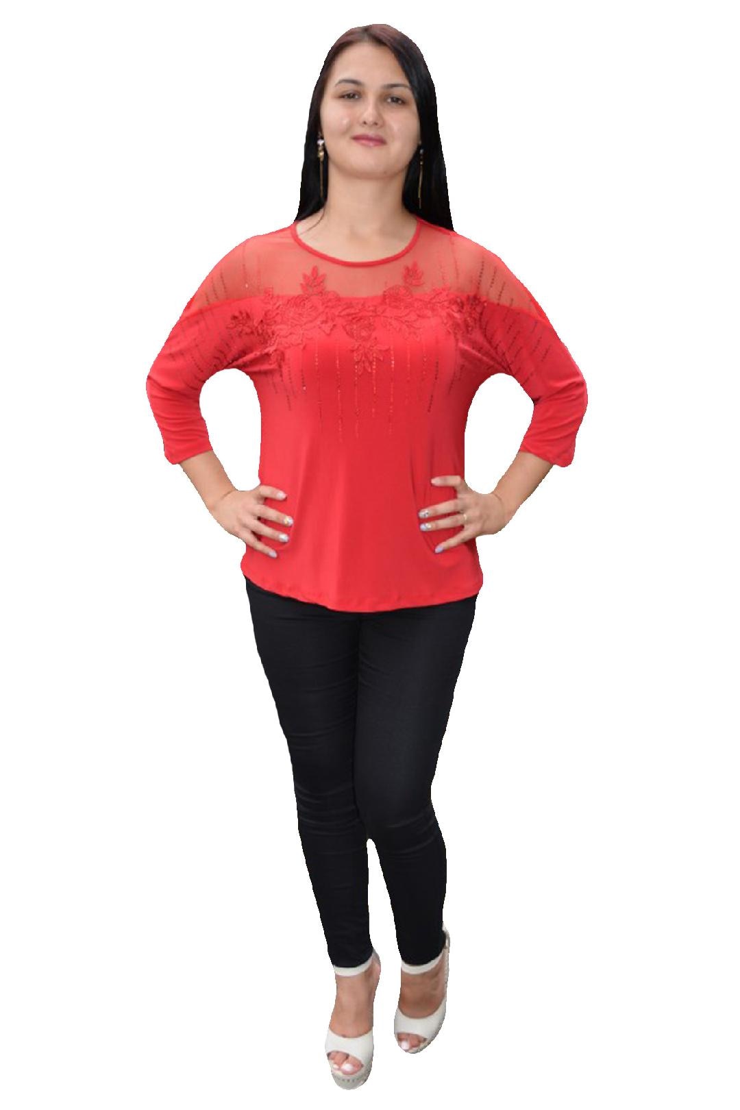 Bluza fashion cu strasuri si dantela in partea de sus, D&J Exclusive, Rosu